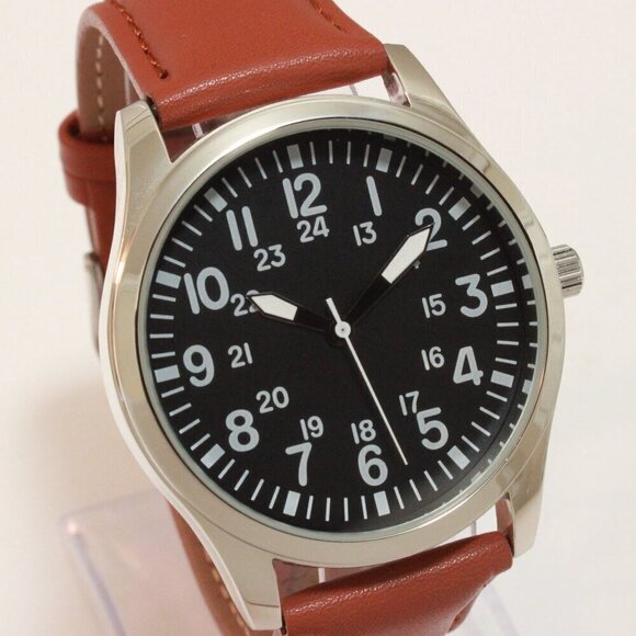 Men's Quartz Field Watch Silver Case Brown Leather Strap 42mm - Picture 1 of 12
